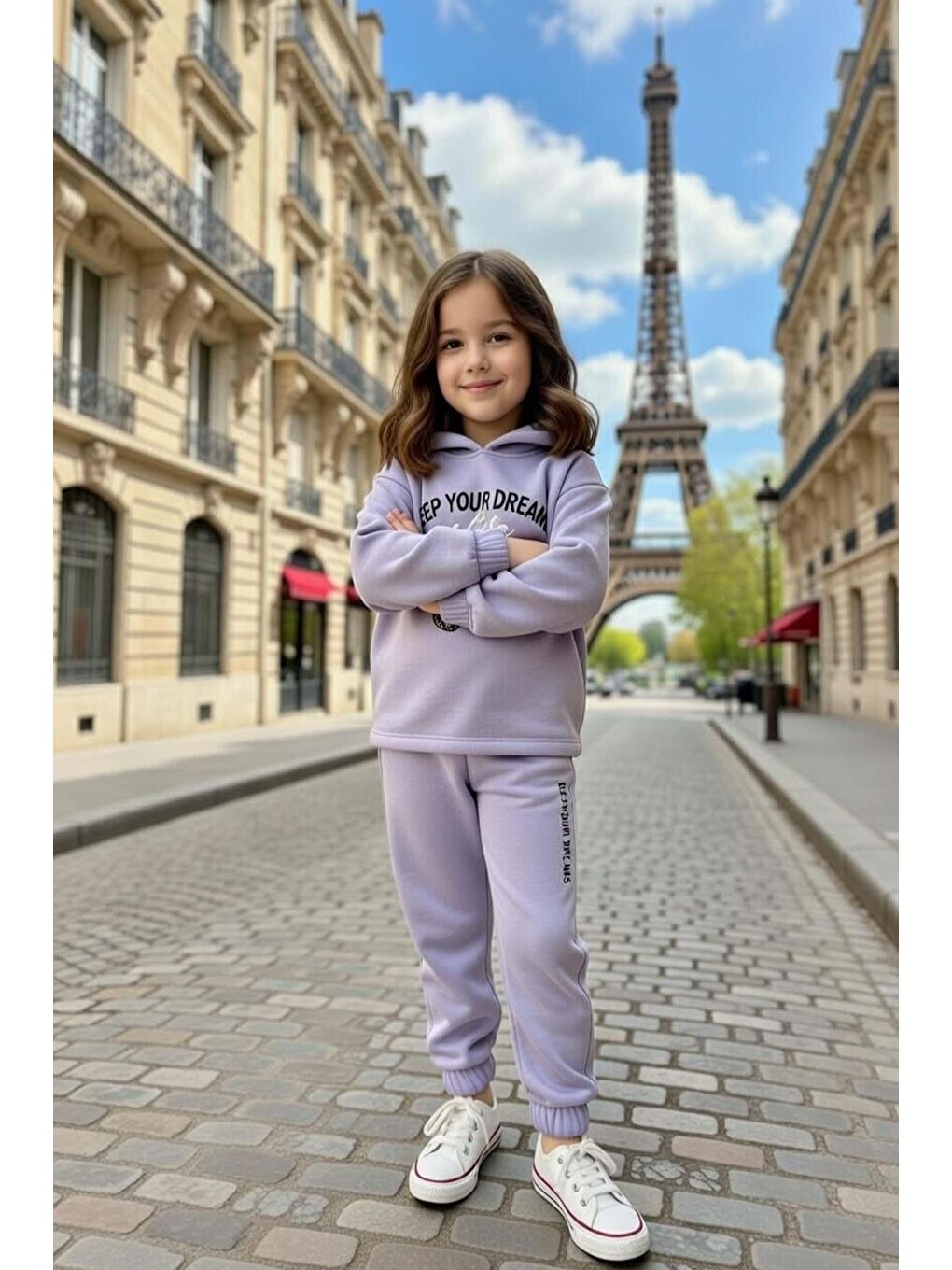 Kız Çocuk Üzeri Kara Kalem Kelebek Baskı ve Yazı Detaylı Sweat Paçası Lastikli Lila Eşofman Takım-2