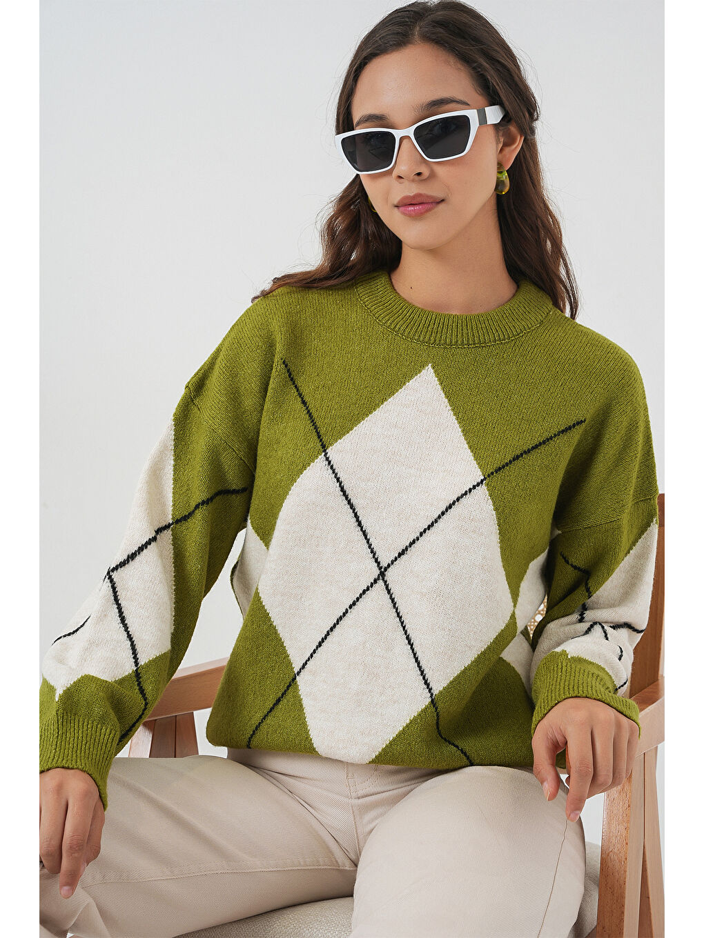 15895 Baklava Desenli Oversize Triko Kazak - E.Yeşil-2