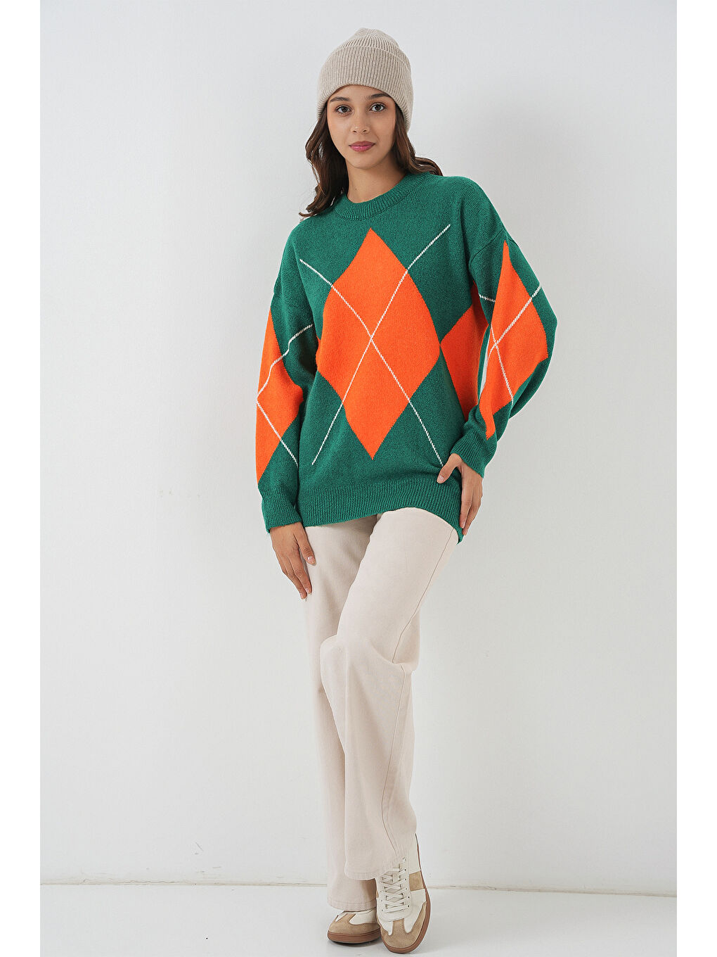 Turkuaz 15895 Baklava Desenli Oversize Triko Kazak - A. Zümrüt Yeşili-1