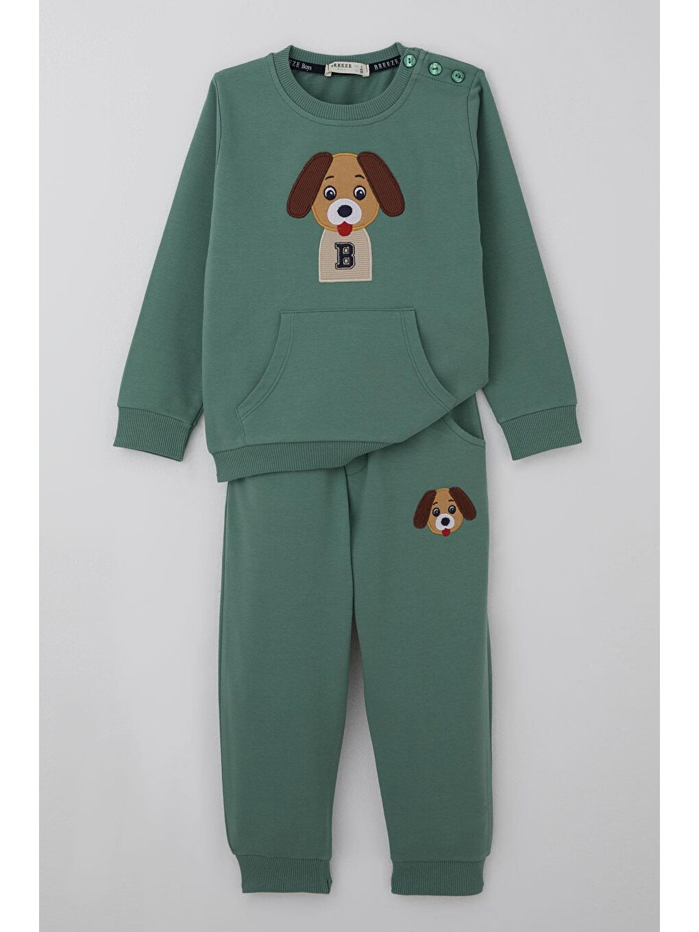 Erkek Bebek Eşofman Takımı Sevimli Köpekçik Nakışlı Kanguru Cepli Petrol Yeşili (9 Ay-3 Yaş)