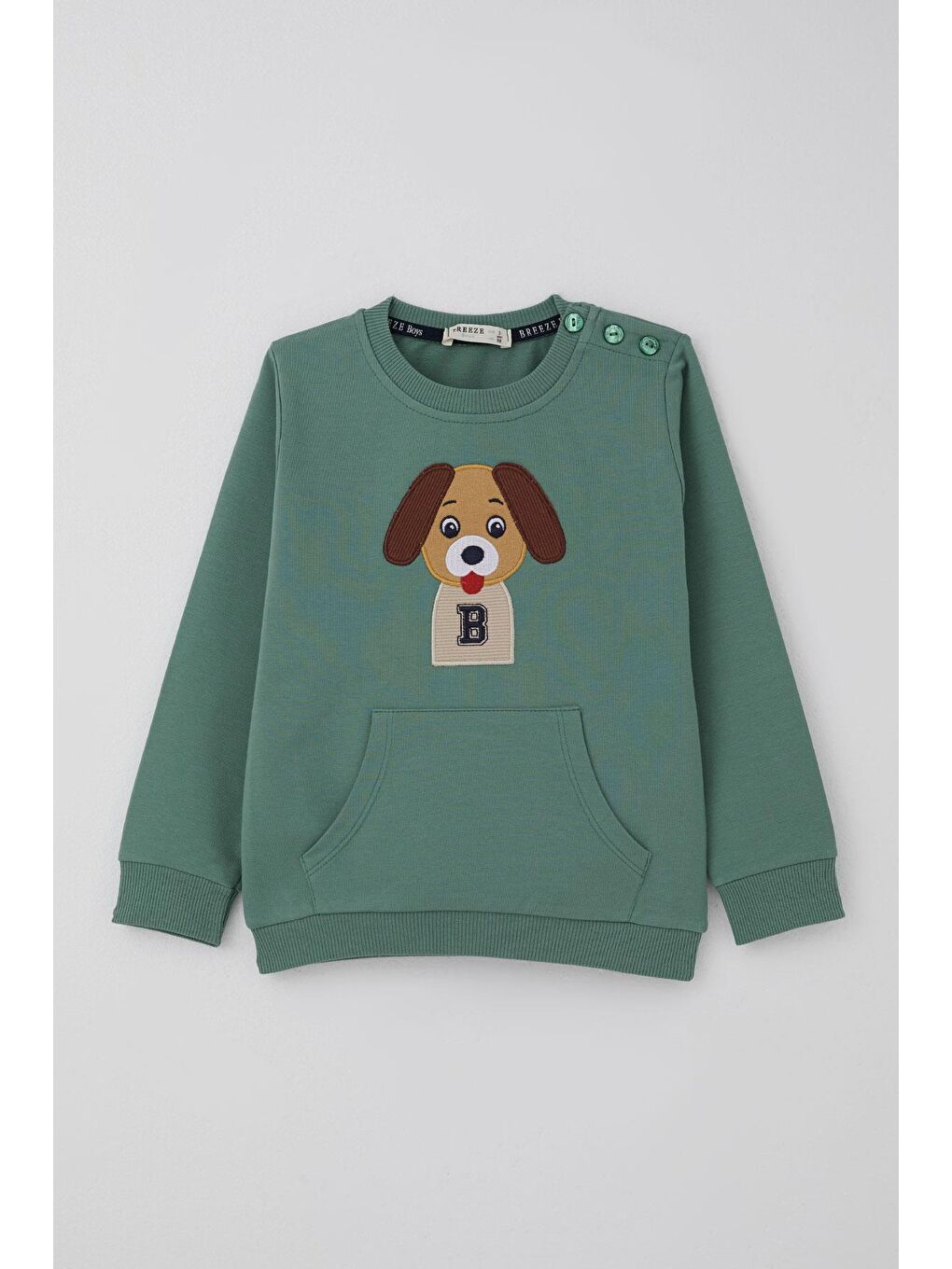 Erkek Bebek Eşofman Takımı Sevimli Köpekçik Nakışlı Kanguru Cepli Petrol Yeşili (9 Ay-3 Yaş)-1