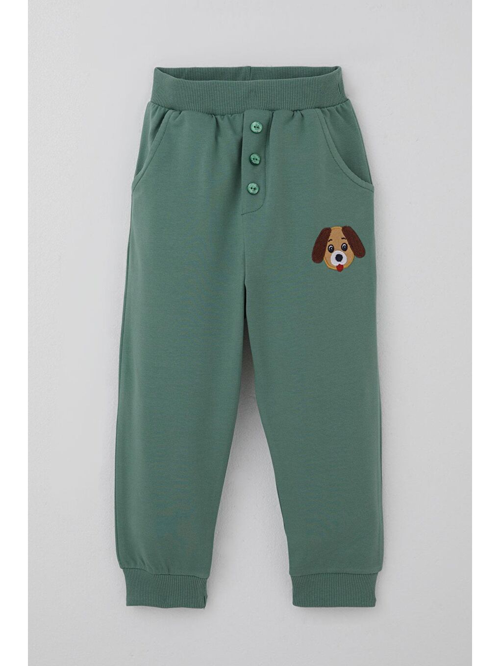 Erkek Bebek Eşofman Takımı Sevimli Köpekçik Nakışlı Kanguru Cepli Petrol Yeşili (9 Ay-3 Yaş)-2