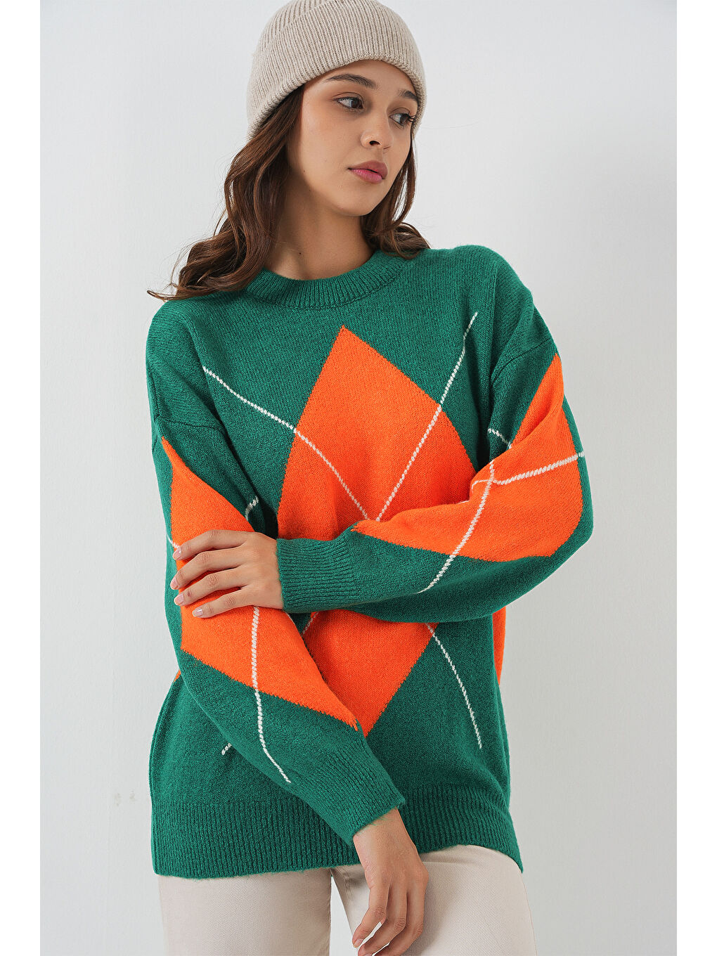 Turkuaz 15895 Baklava Desenli Oversize Triko Kazak - A. Zümrüt Yeşili-2