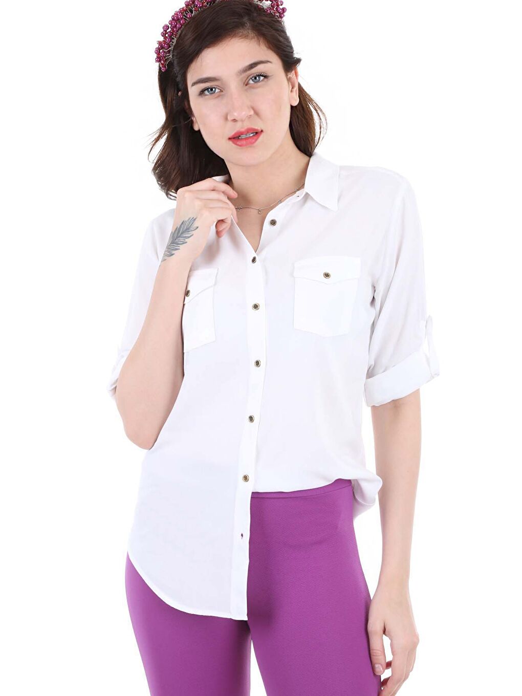 3429 Çift Cepli Gömlek - Beyaz-2