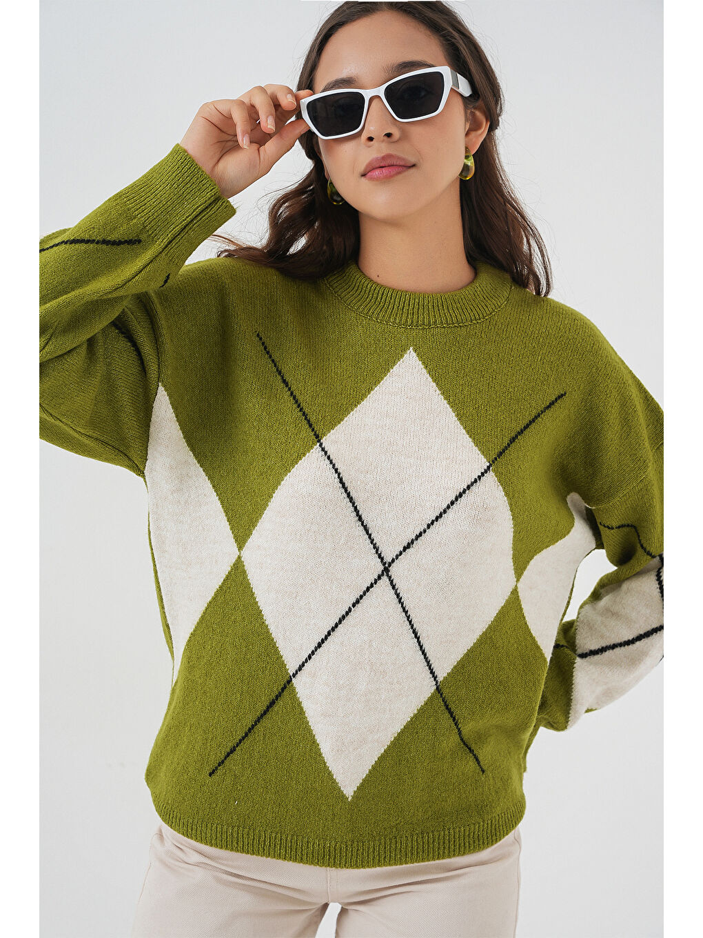 15895 Baklava Desenli Oversize Triko Kazak - E.Yeşil-3