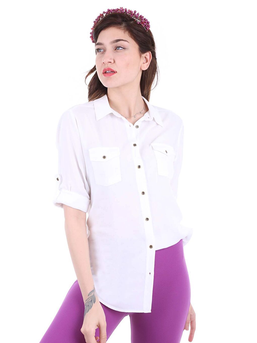 3429 Çift Cepli Gömlek - Beyaz-3