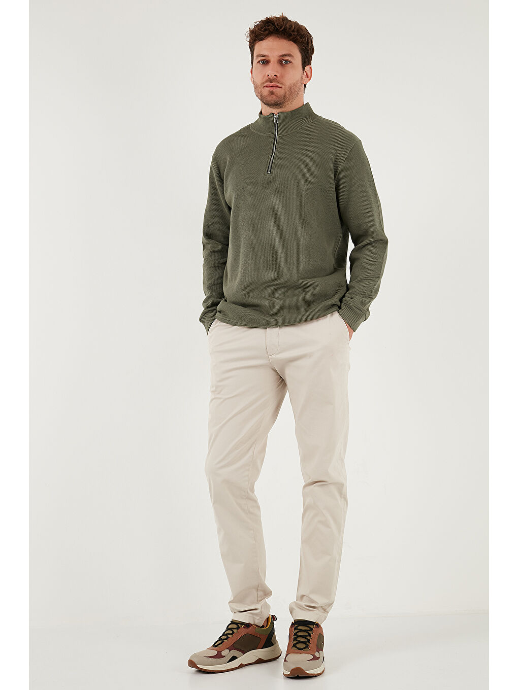 Haki Pamuklu Relaxed Fit Yarım Fermuarlı Dik Yaka Örme Sweat 5901076-1