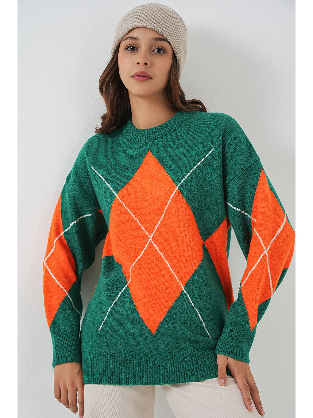 Turkuaz 15895 Baklava Desenli Oversize Triko Kazak - A. Zümrüt Yeşili-3