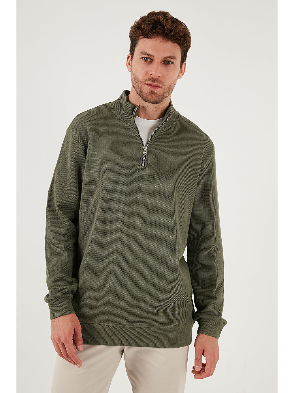 Haki Pamuklu Relaxed Fit Yarım Fermuarlı Dik Yaka Örme Sweat 5901076-2