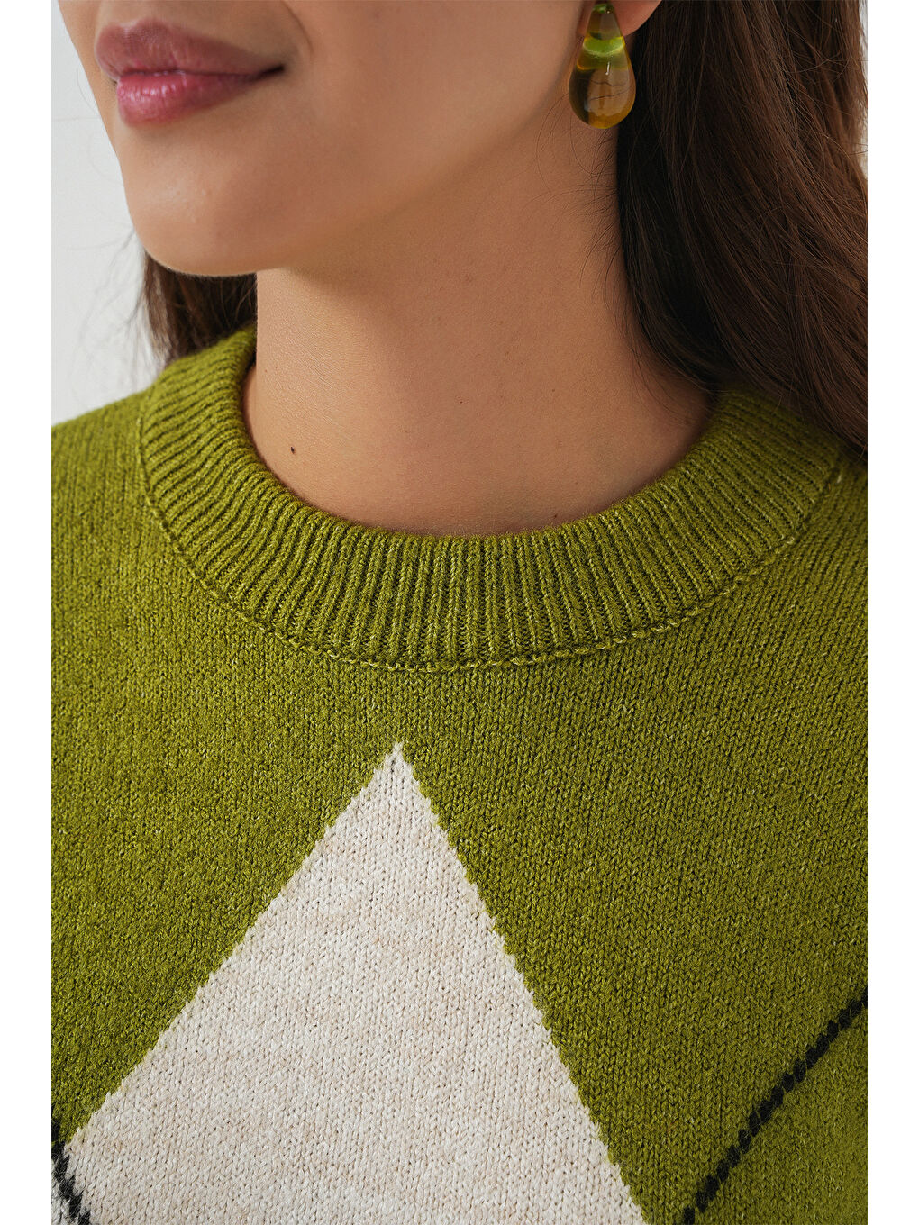 15895 Baklava Desenli Oversize Triko Kazak - E.Yeşil-4