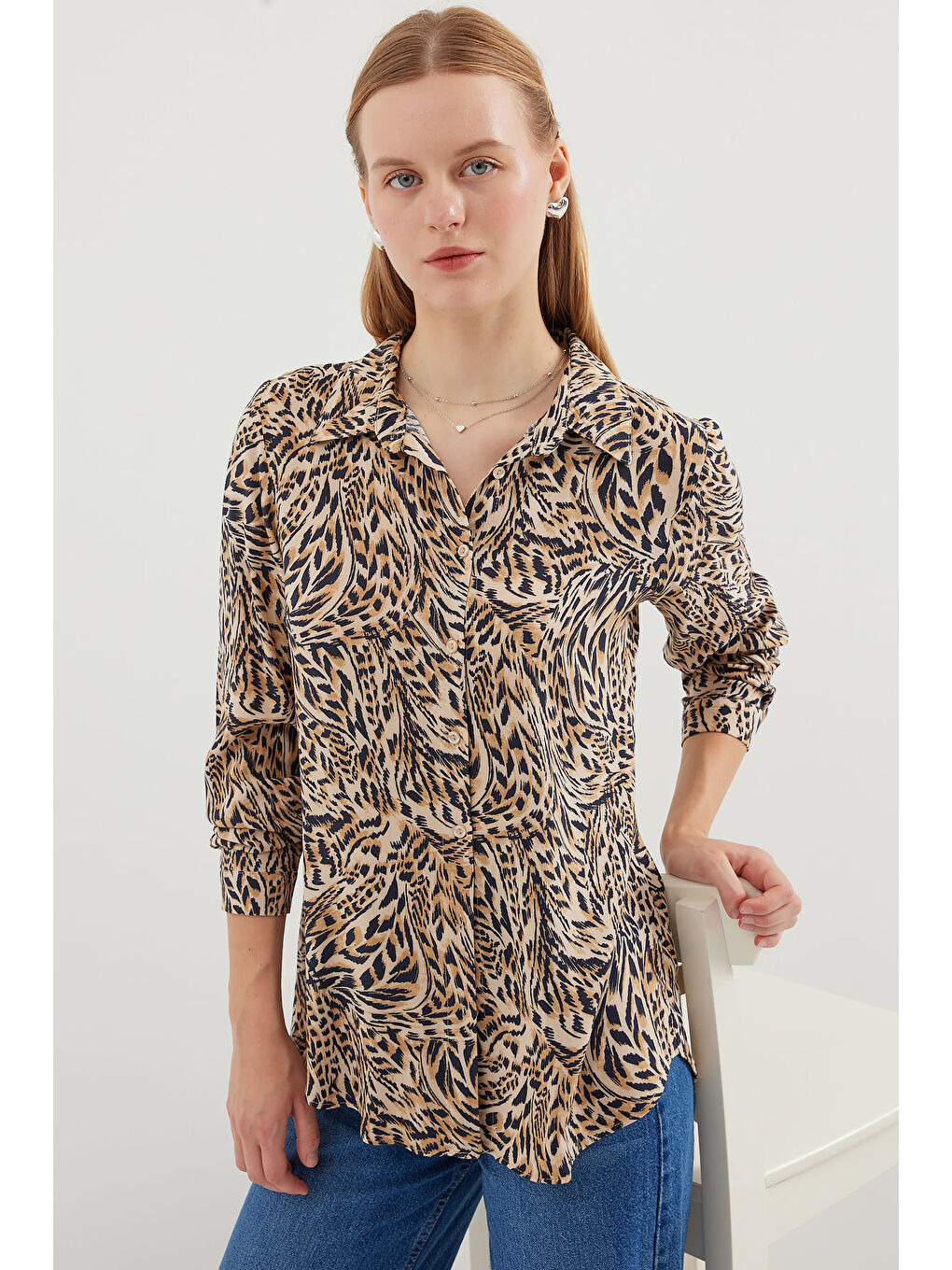 3721 Grafik Desenli Gömlek - C. Bej-3