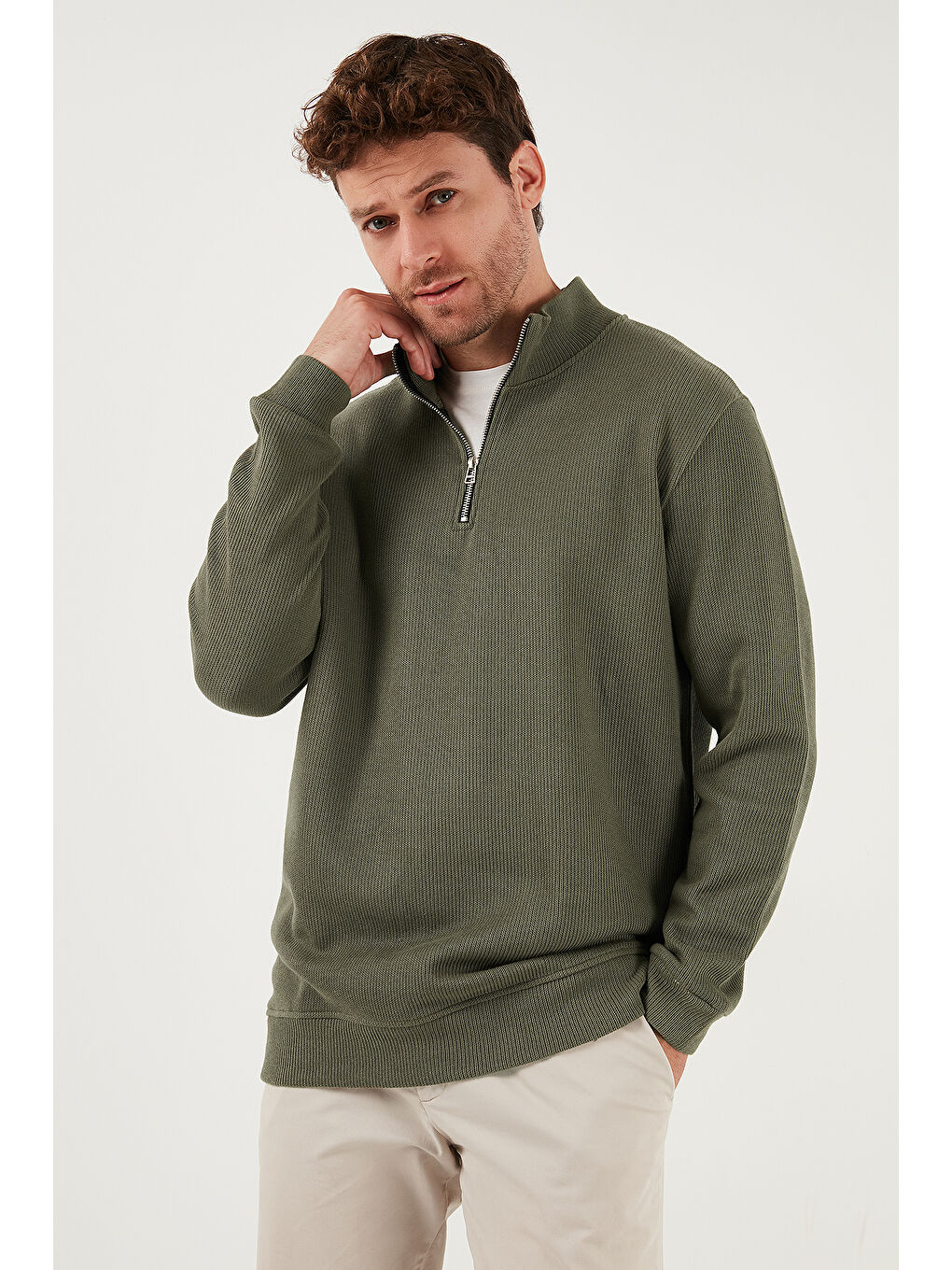 Haki Pamuklu Relaxed Fit Yarım Fermuarlı Dik Yaka Örme Sweat 5901076-3