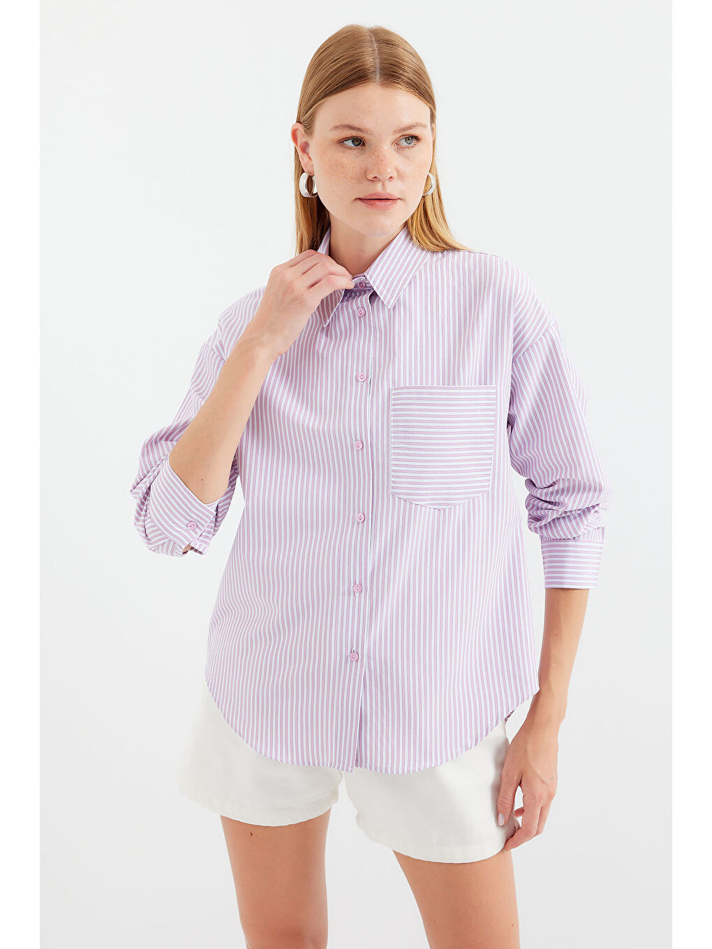 20212 Tek Cepli Çizgili Oversize Gömlek - Pembe-1