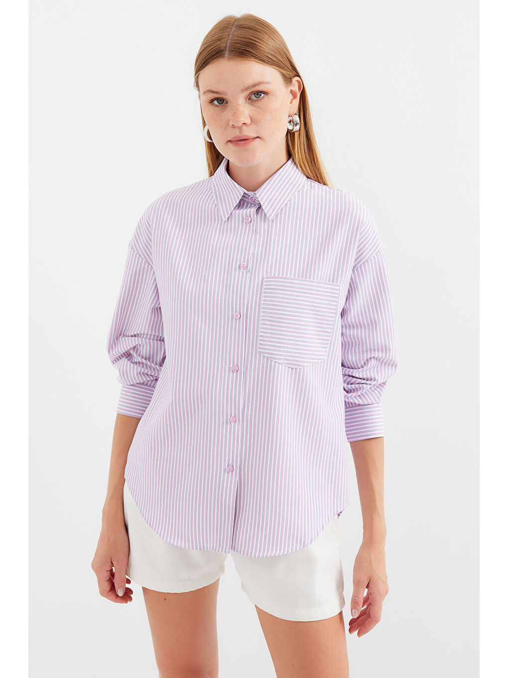 20212 Tek Cepli Çizgili Oversize Gömlek - Pembe-2