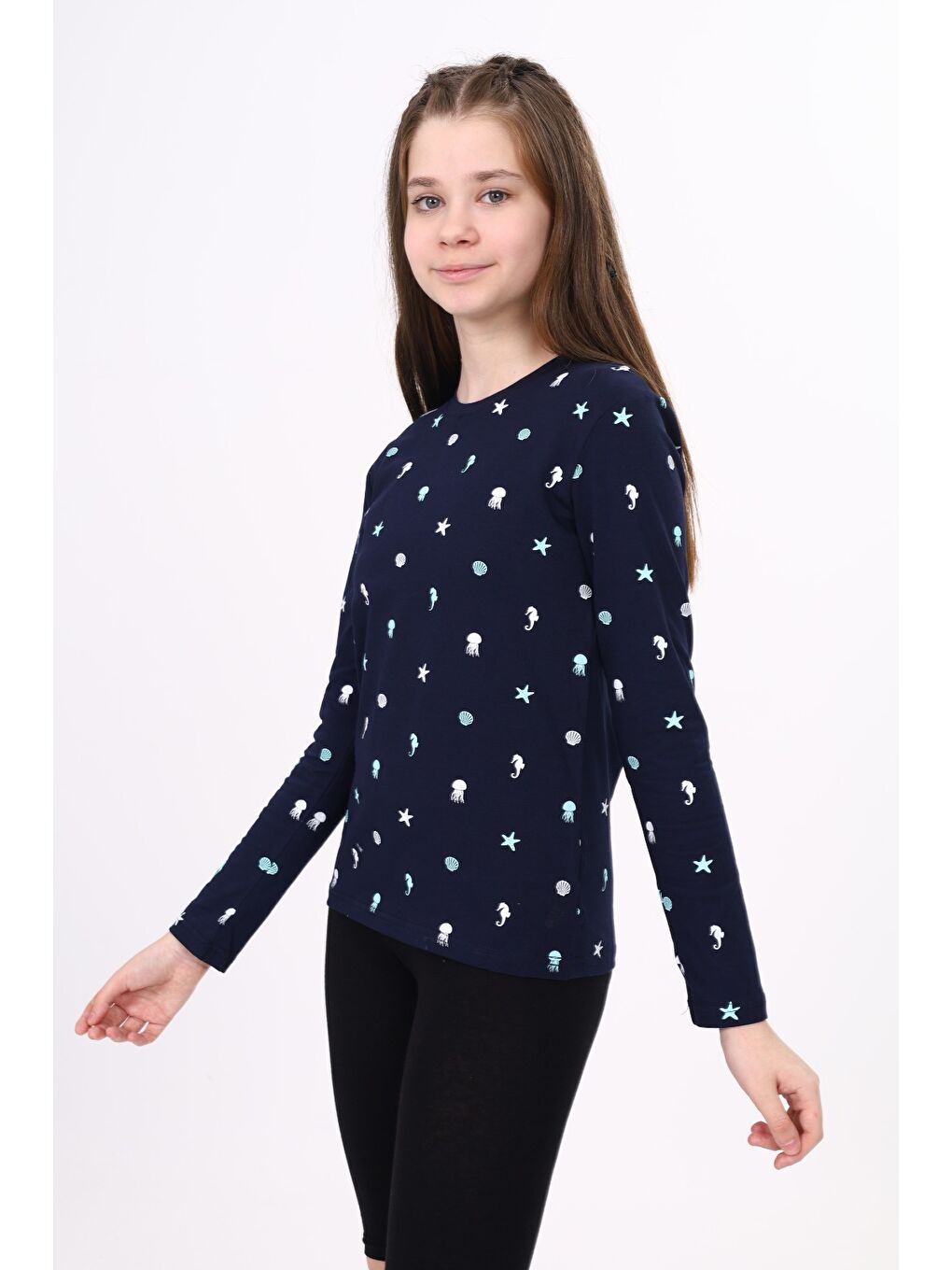 Lacivert Kız Çocuk Baskılı Tişört-1