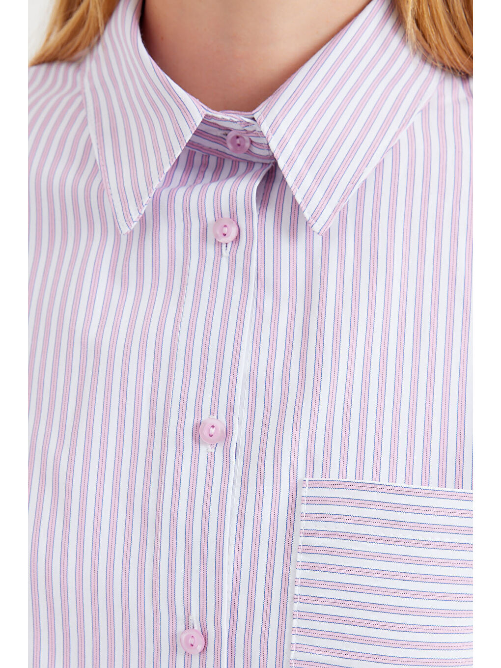 20212 Tek Cepli Çizgili Oversize Gömlek - Pembe-3