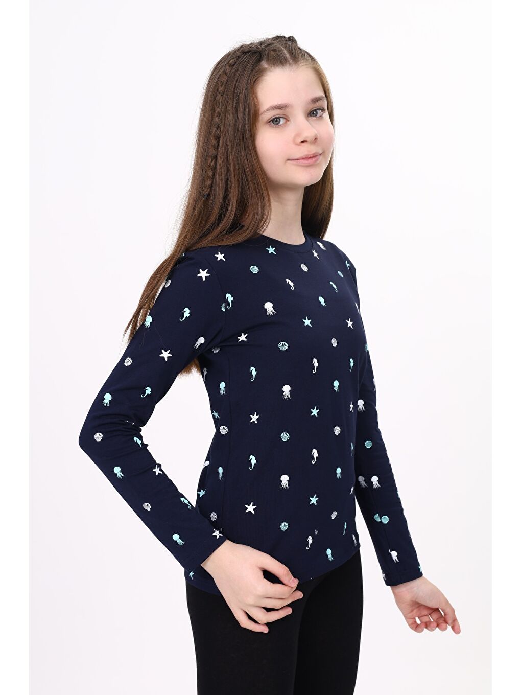 Lacivert Kız Çocuk Baskılı Tişört-2