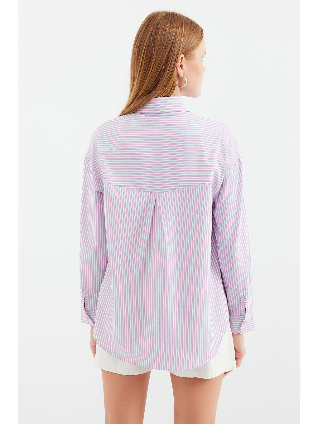 20212 Tek Cepli Çizgili Oversize Gömlek - Pembe-4