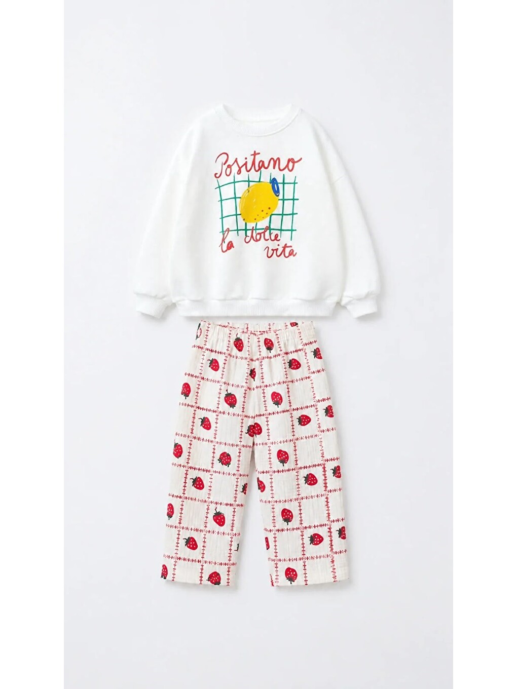 Kız Çocuk Limon Baskılı Ekru Sweatshirt Ve Çilek Desenli Eşofman Takımı