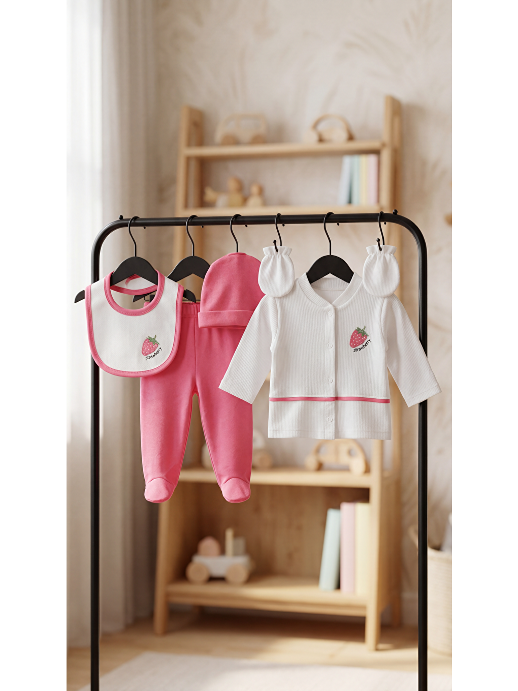 Pembe Çilek Nakışlı 5'Lı Kız Bebek Yenidoğan Takımı