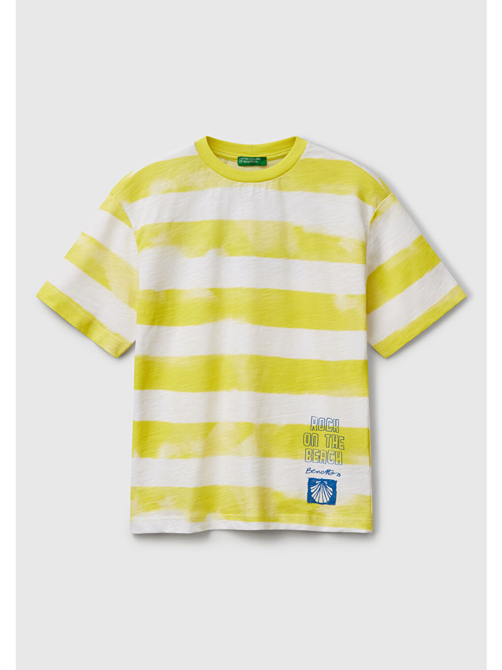 Erkek Çocuk Sarı Baskılı Fırça Darbesi Çizgili Bisiklet Yaka Oversize T-Shirt