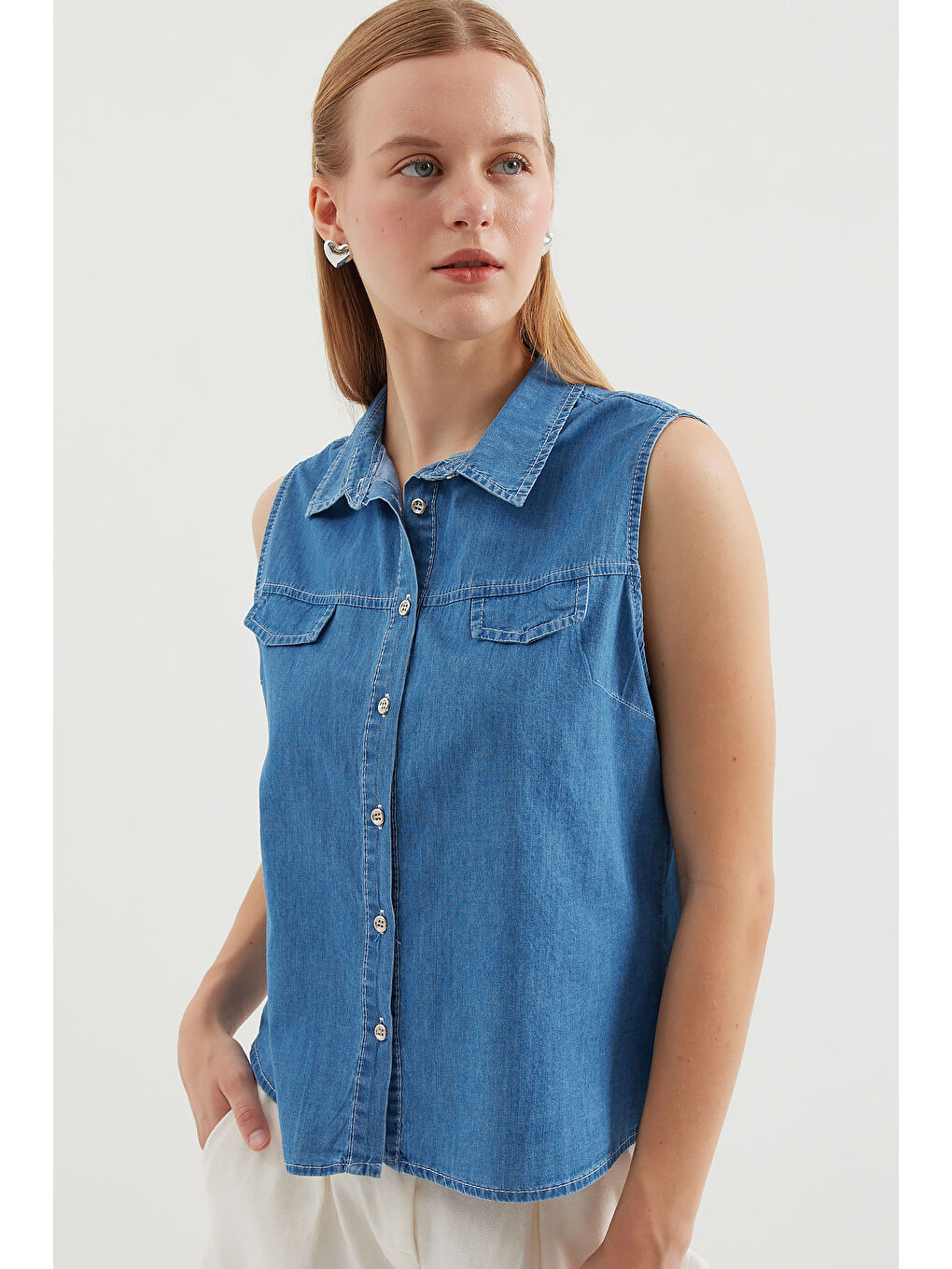 20257 Sıfır Kol Jean Gömlek   Lacivert