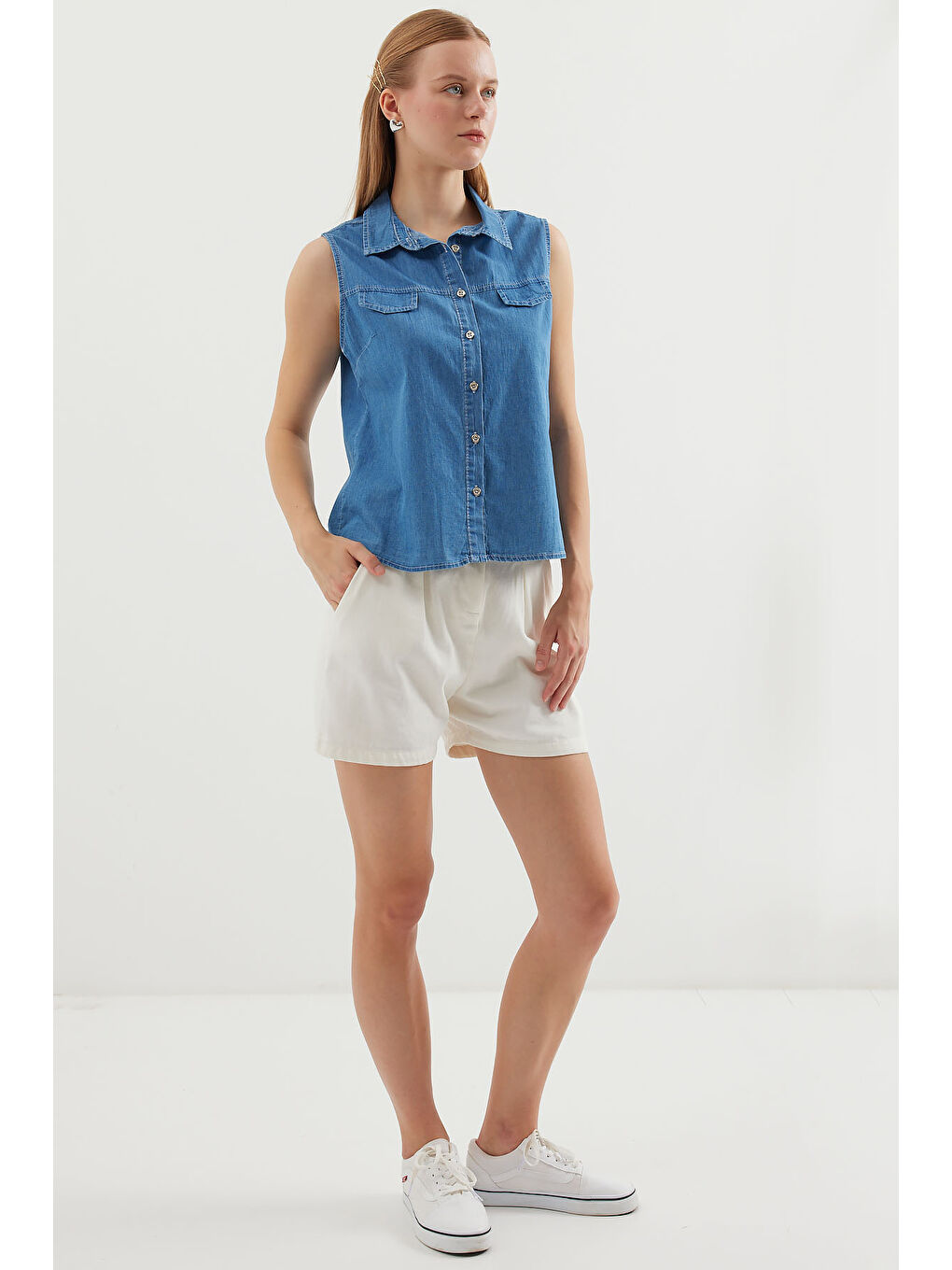 20257 Sıfır Kol Jean Gömlek   Lacivert-2