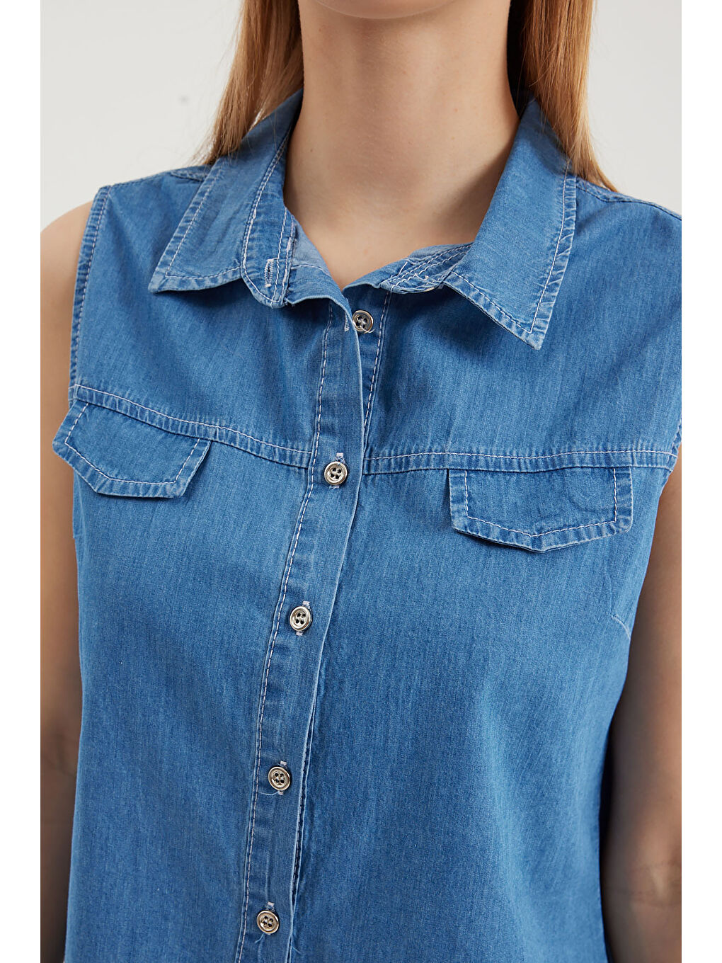 20257 Sıfır Kol Jean Gömlek   Lacivert-4