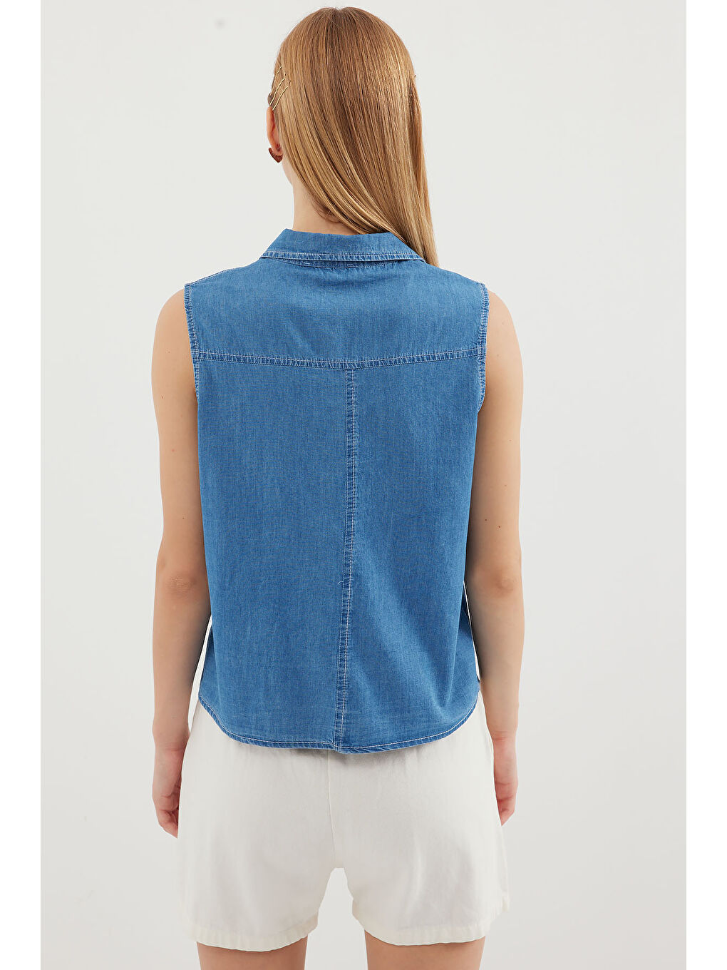 20257 Sıfır Kol Jean Gömlek   Lacivert-5