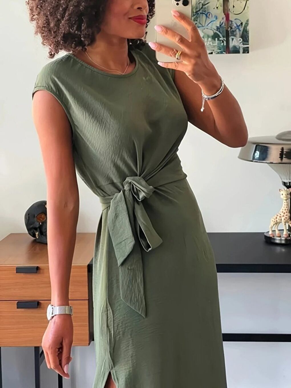 Haki Kadın Kısa Kollu Yuvarlak Yaka Belden Bağcıklı önden Yırtmaçlı Aerobin Elbise-1
