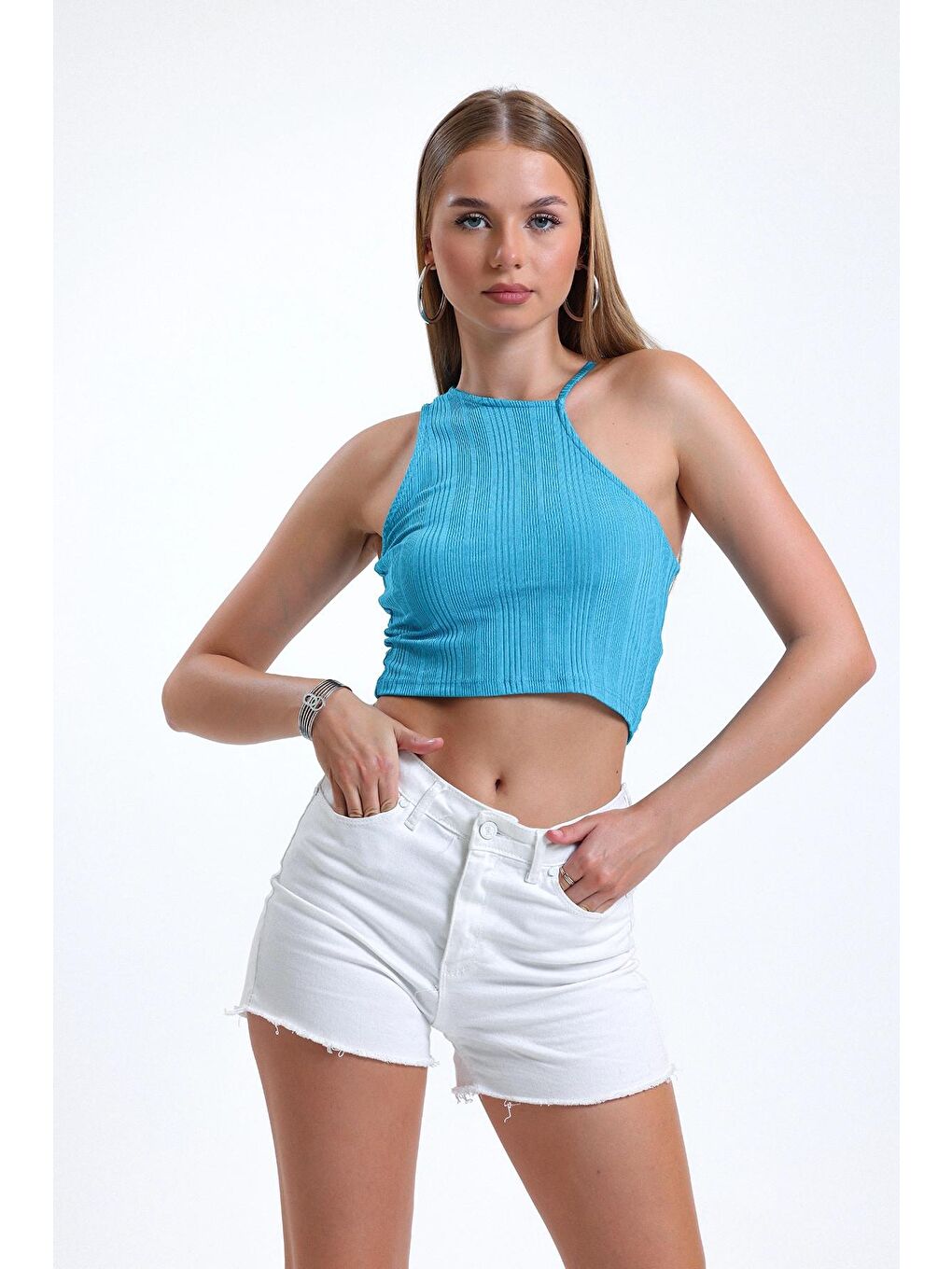 Mavi Asimetrik Omuz Detaylı Bisiklet Yaka Sıfır Kol Crop Bluz