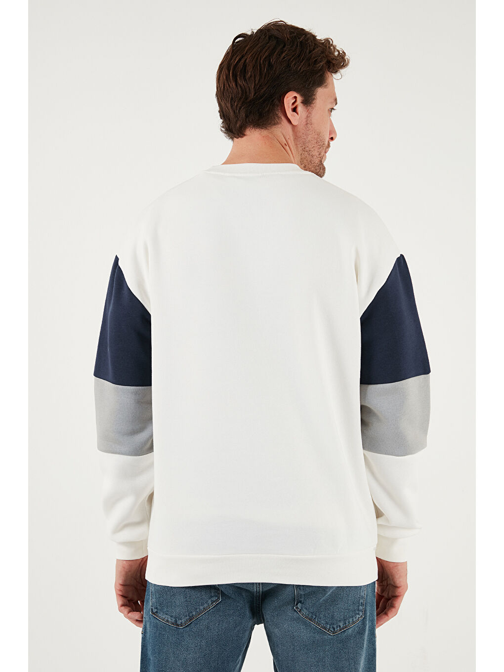 Ekru Pamuklu Relaxed Fit Bisiklet Yaka Şardonlu Renk Bloklu Sweat 5905298T-5