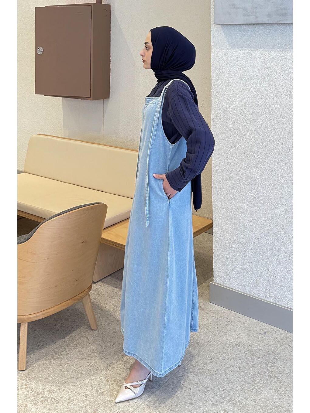 Askılı Denim Salopet Elbise Buz Mavisi-1