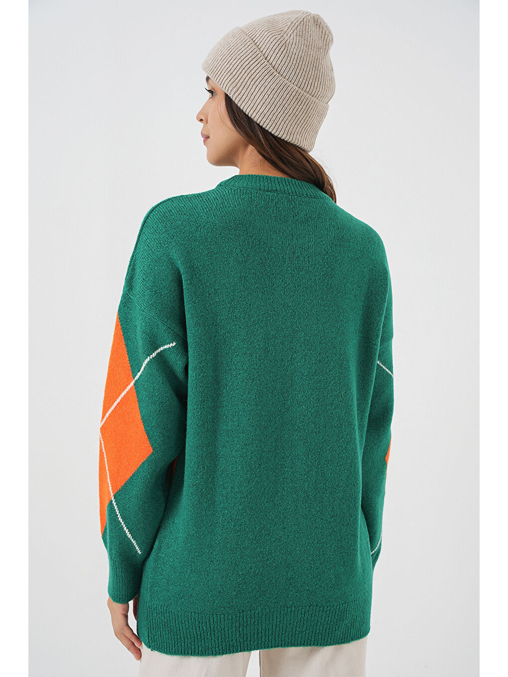 Turkuaz 15895 Baklava Desenli Oversize Triko Kazak - A. Zümrüt Yeşili-5