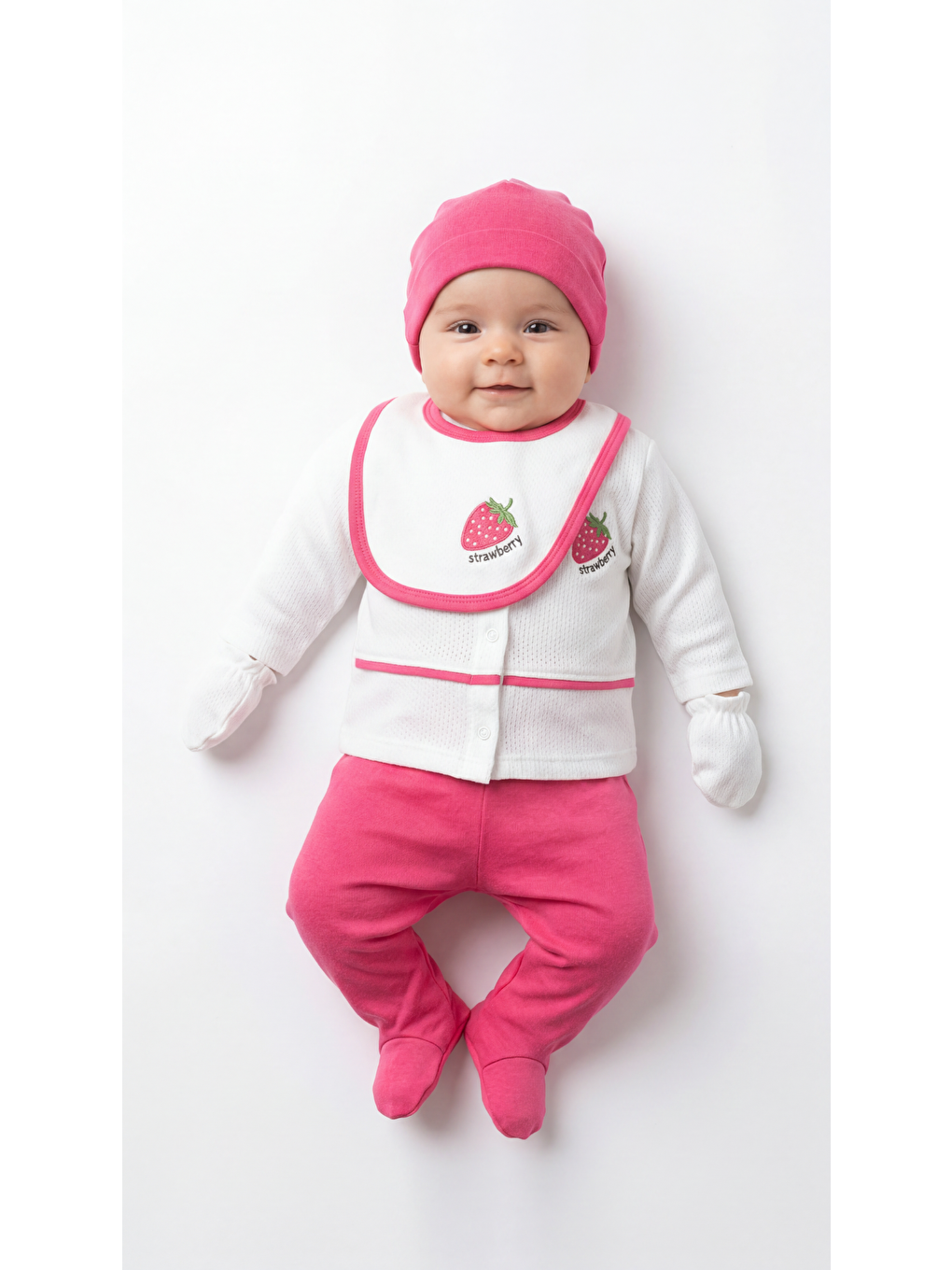 Pembe Çilek Nakışlı 5'Lı Kız Bebek Yenidoğan Takımı-1