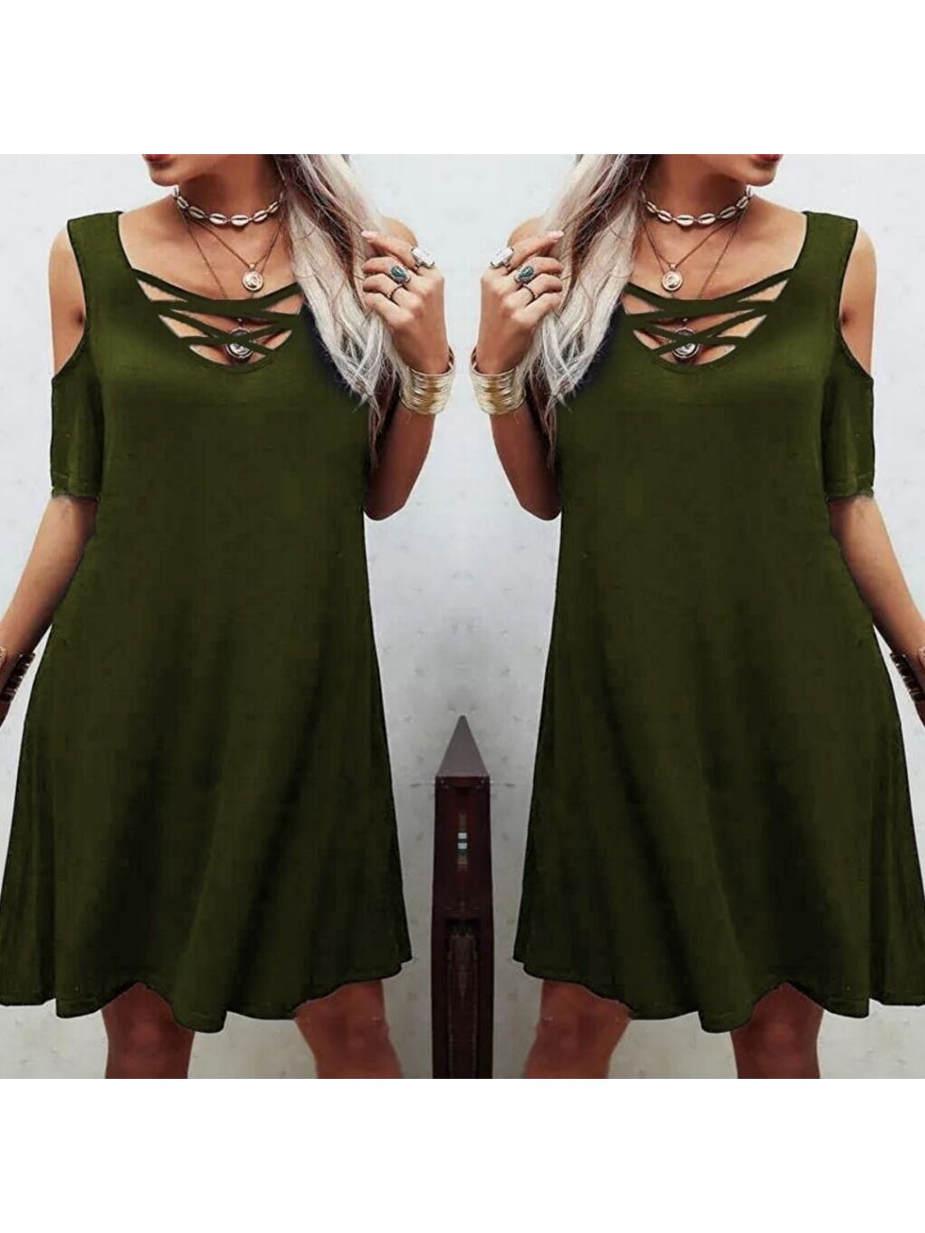 Haki Dekolteli Bağcık Detay Viskon Kumaş Elbise-1