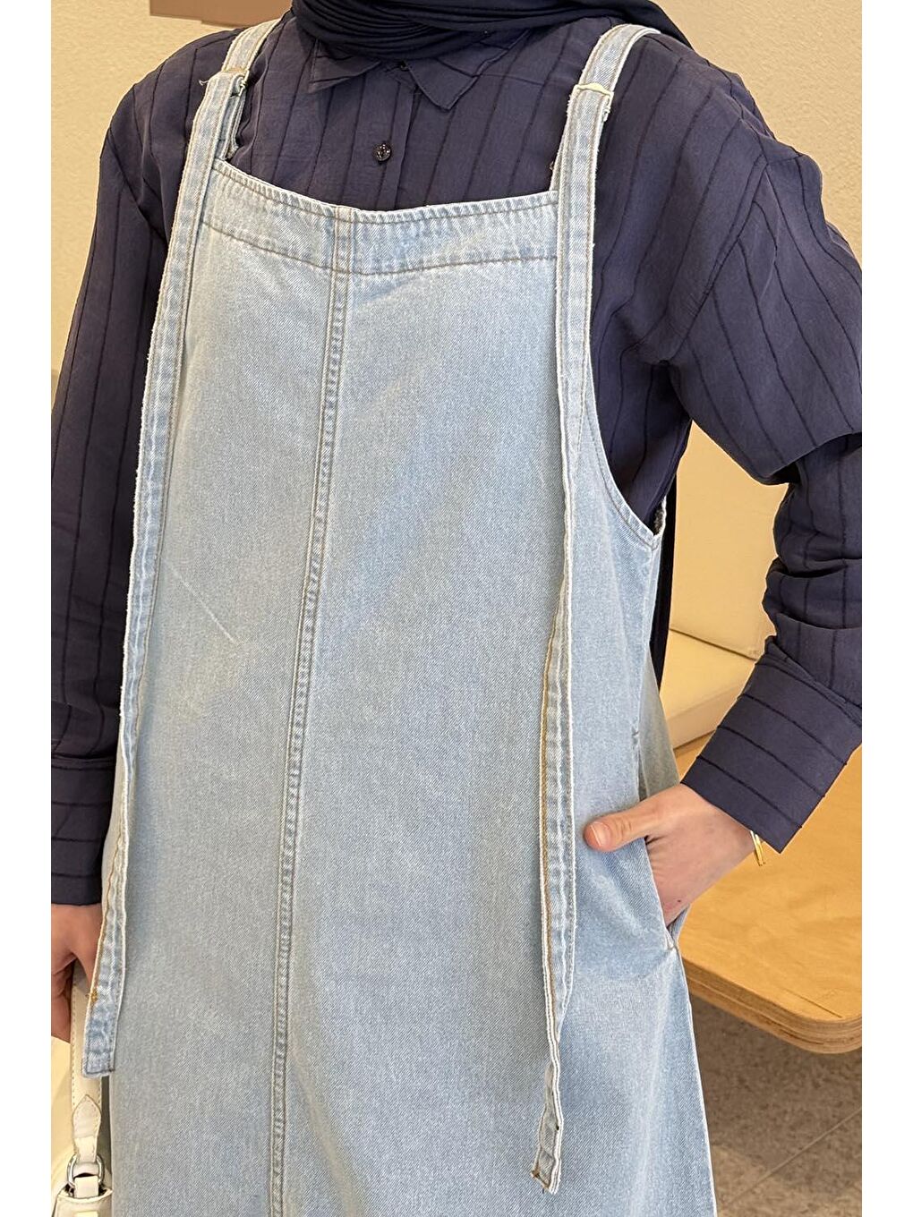 Askılı Denim Salopet Elbise Buz Mavisi-2