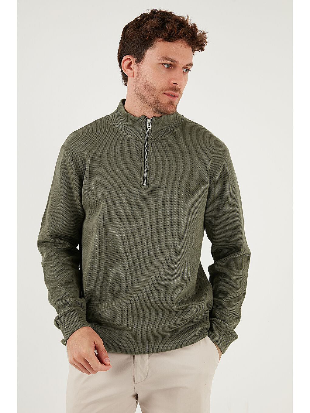 Haki Pamuklu Relaxed Fit Yarım Fermuarlı Dik Yaka Örme Sweat 5901076-5