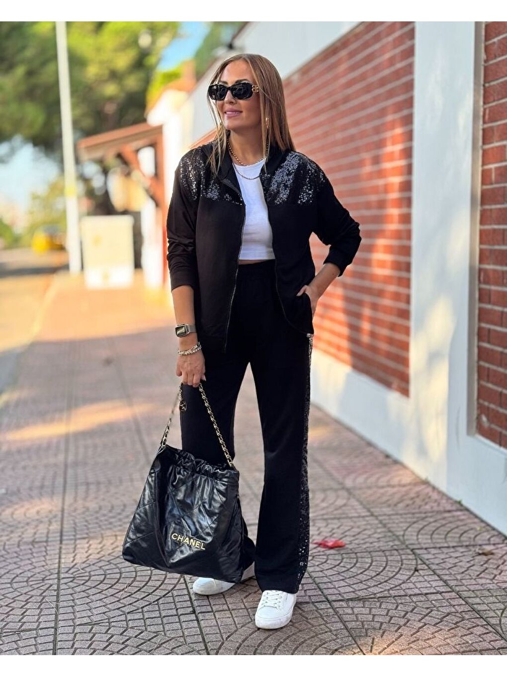 Siyah Kadın Iki Iplik Kumaş Pul Ve Fermuar Detaylı Ikili Takım