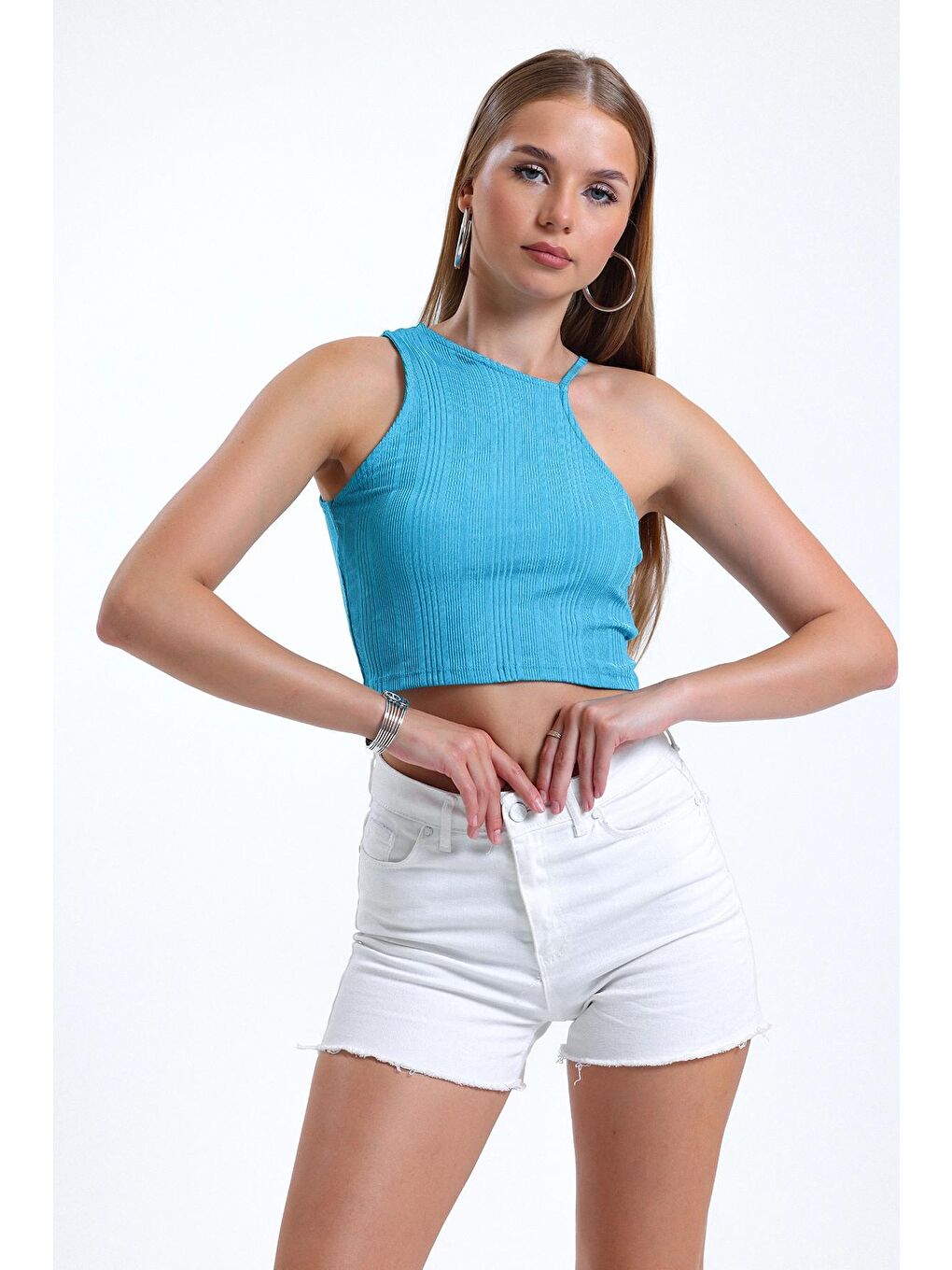 Mavi Asimetrik Omuz Detaylı Bisiklet Yaka Sıfır Kol Crop Bluz-1