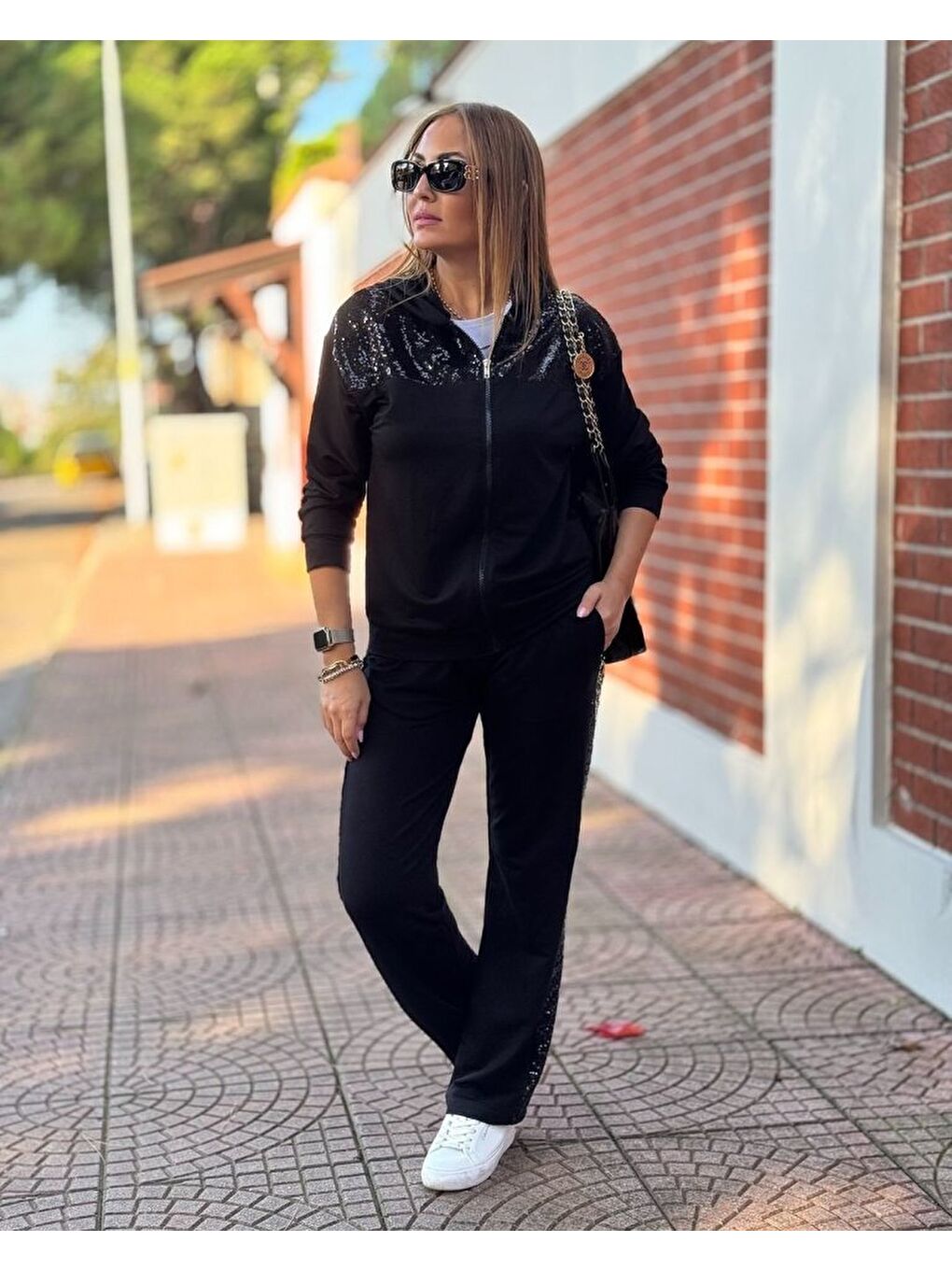 Siyah Kadın Iki Iplik Kumaş Pul Ve Fermuar Detaylı Ikili Takım-1