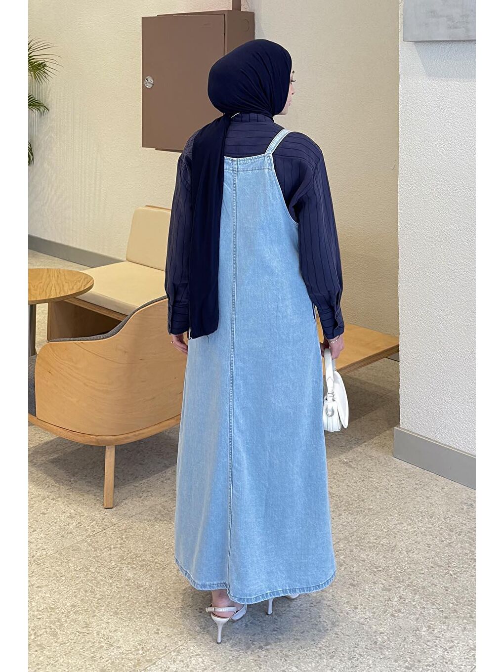 Askılı Denim Salopet Elbise Buz Mavisi-3