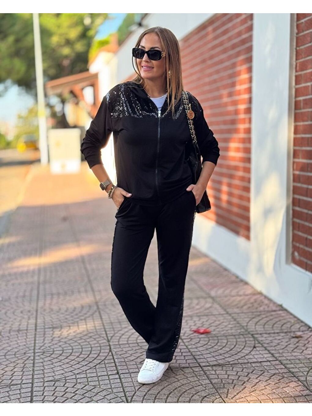 Siyah Kadın Iki Iplik Kumaş Pul Ve Fermuar Detaylı Ikili Takım-2