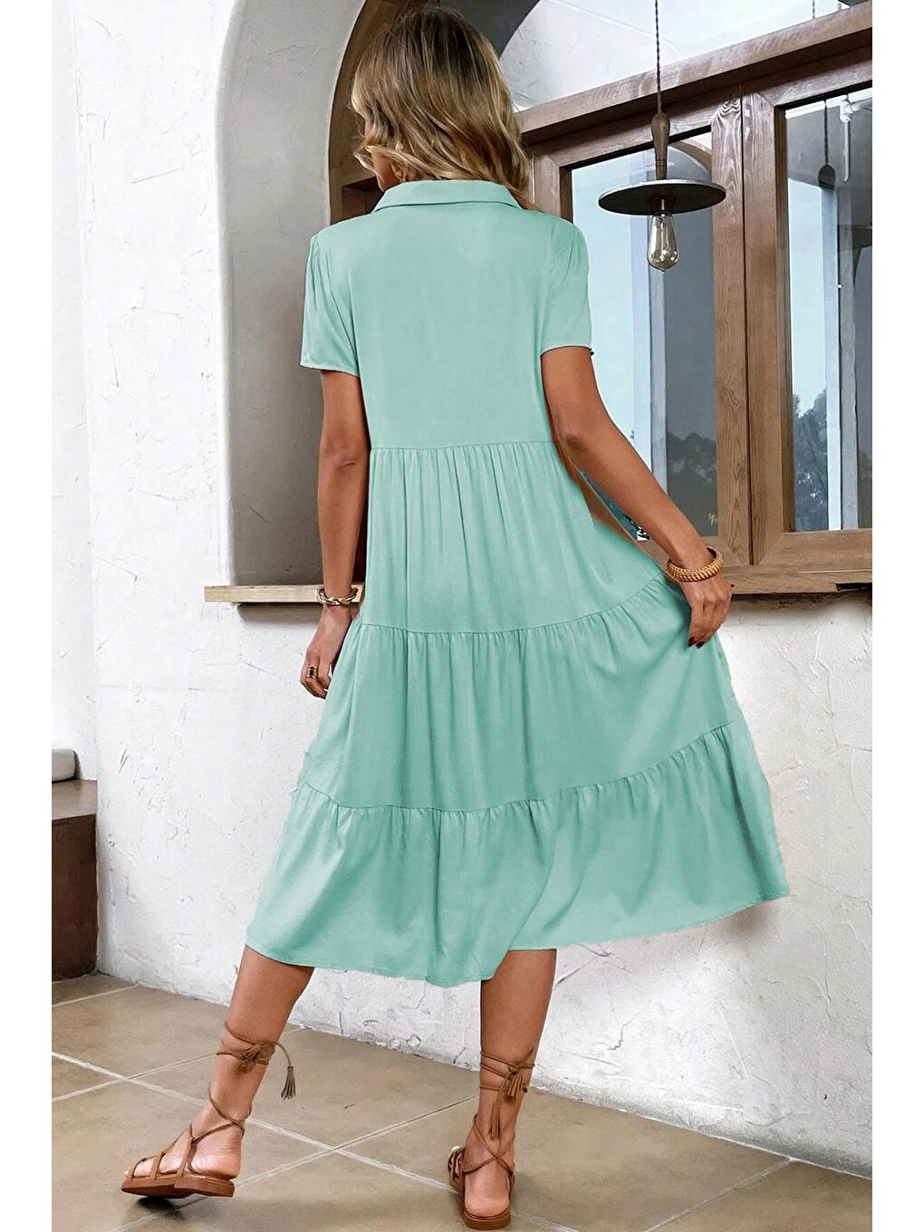 Yeşil Füme Gömlek Yaka Uzun Elbise Mg1853-5