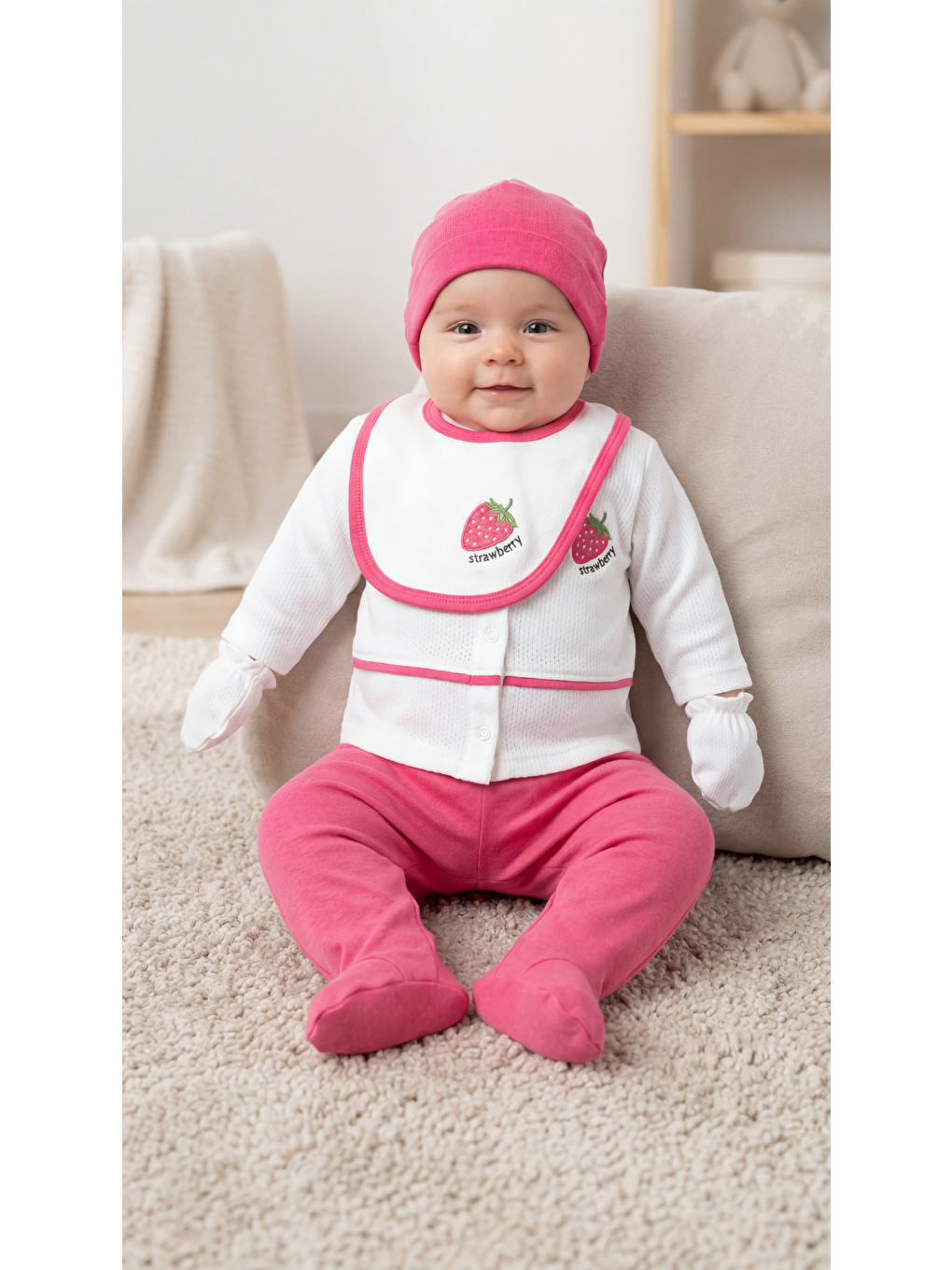Pembe Çilek Nakışlı 5'Lı Kız Bebek Yenidoğan Takımı-2