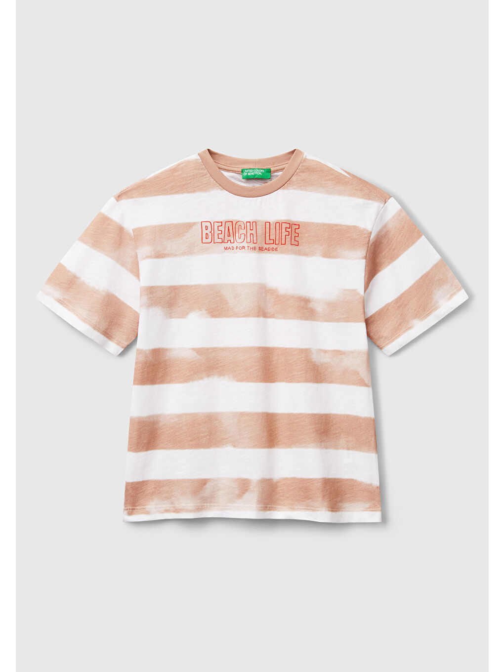 Erkek Çocuk Koyu Bej Baskılı Fırça Darbesi Çizgili Bisiklet Yaka Oversize T-Shirt