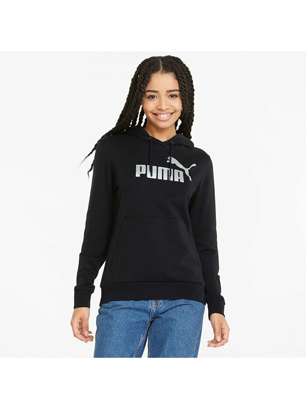 Siyah ESSENTIALS+ METALLIC Logo Kadın Kapüşonlu SWEATSHIRT-4