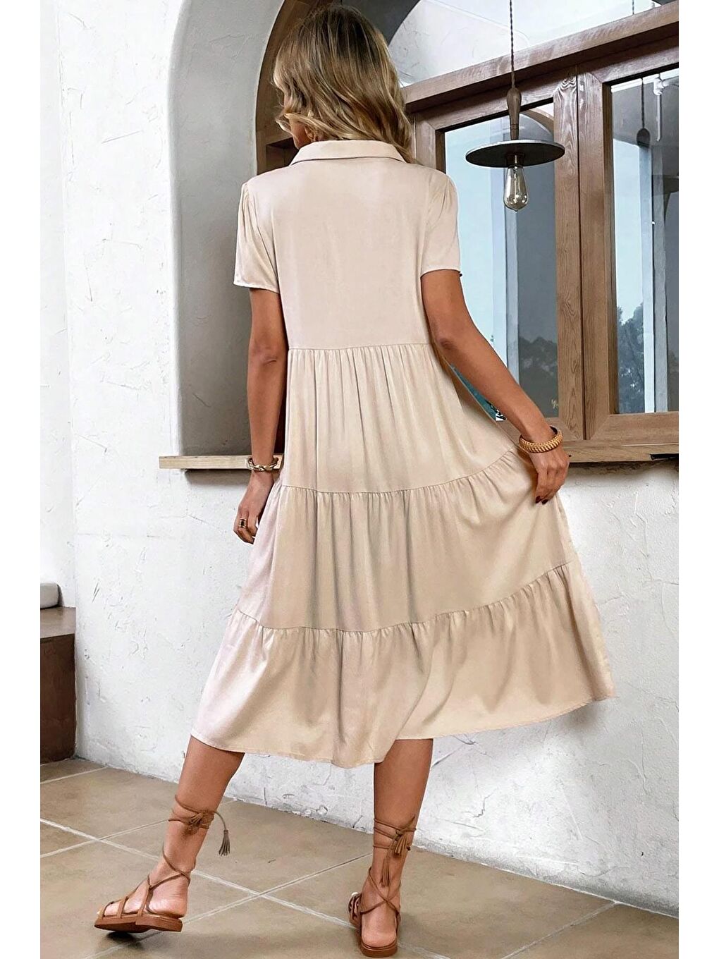Bej Gömlek Yaka Uzun Elbise Mg1853-5