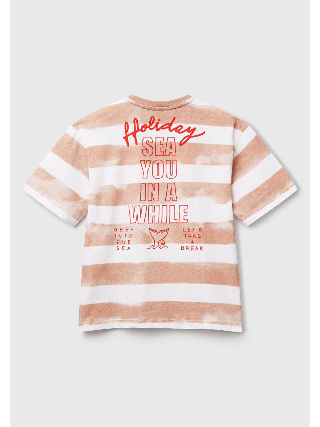 Erkek Çocuk Koyu Bej Baskılı Fırça Darbesi Çizgili Bisiklet Yaka Oversize T-Shirt-1