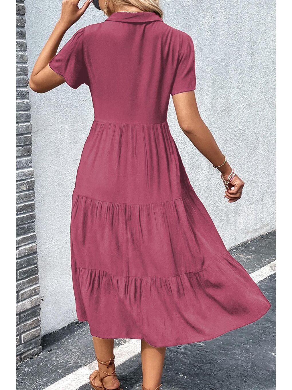 Bordo Gömlek Yaka Uzun Elbise Mg1853-5